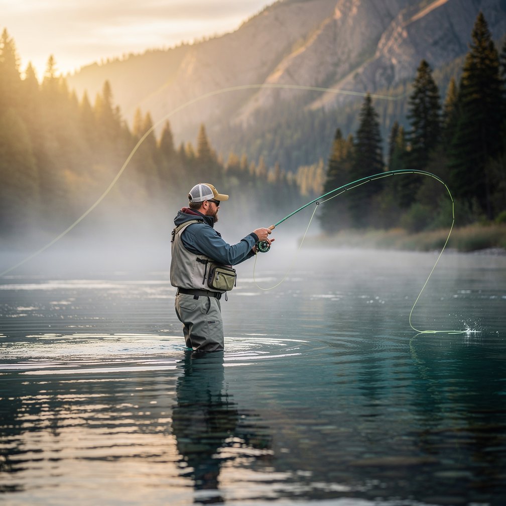 Professional fly fishing scene on a crystal clear river in Montana, morning mist, high-end green fly rod in action, cinematic lighting, realistic photography